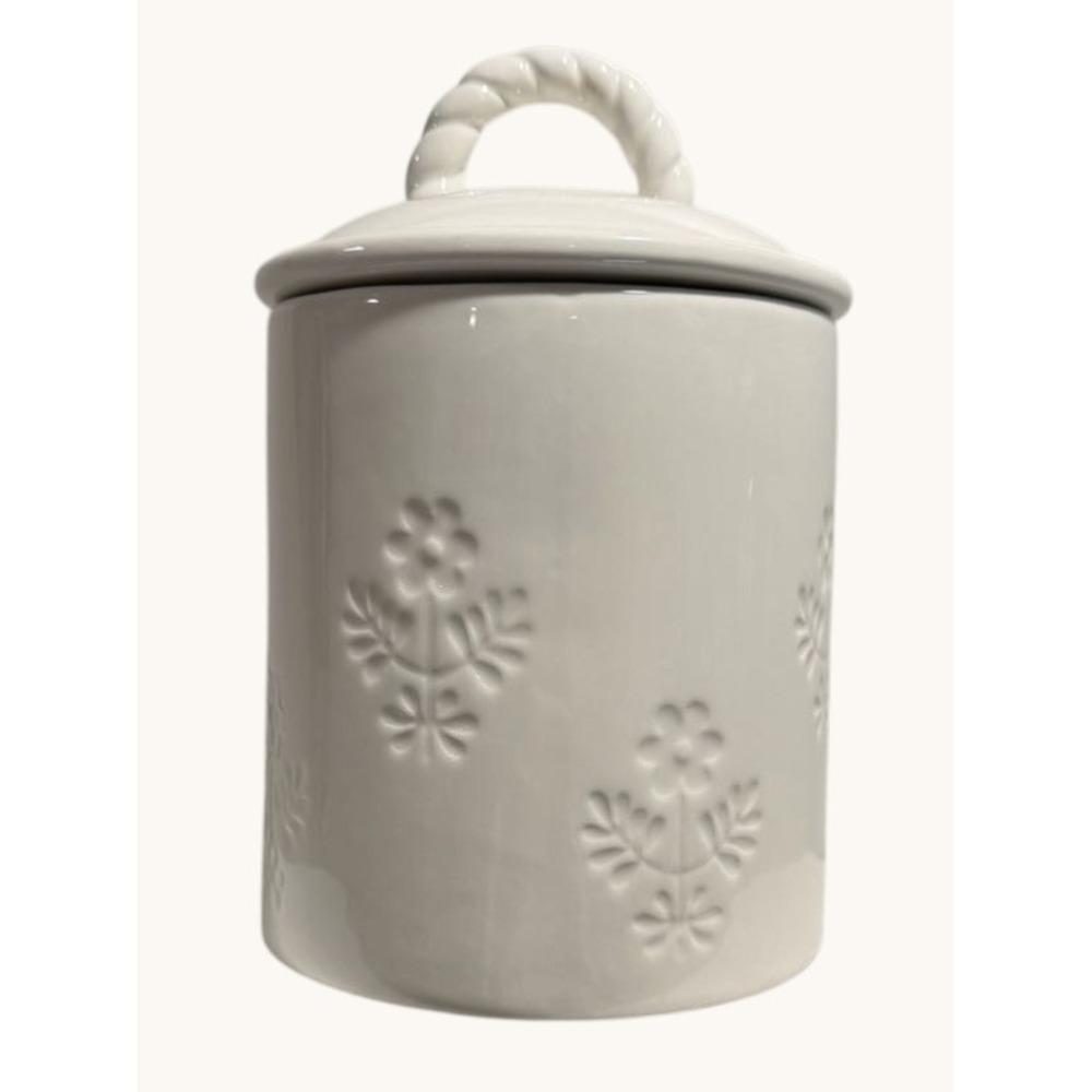 Ceramic Floral Canister White 6.5"- Airtight Kitchen Storage- Debossed